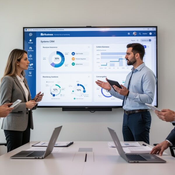 Businessman in suit interacting with a translucent CRM dashboard interface, captioned building a strong CRM team how